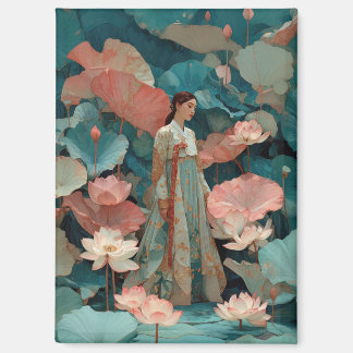 Aimant Elegant Hanbok Woman in Pink Lotus Garden