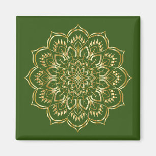 Aimant Élégant Motif de Mandala vert et or Floral
