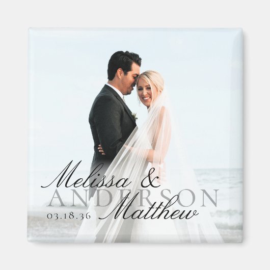 Aimant Elegant Photo Script Date Names Wedding Favor (Devant)