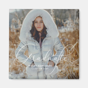 Aimant Élégant Script Graduate Photo et nom