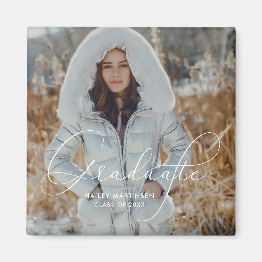 Aimant Élégant Script Graduate Photo et nom (Devant)