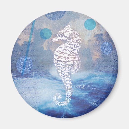 Aimant Elegant Vintage Seahorse Blue Ocean Waves (Devant)
