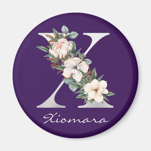Aimant Élégant violet floral blanc métal X monogramme (Devant)