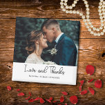Aimant Elegant Wedding Love and Thanks Photo<br><div class="desc">Share your gratitude with this elegant “Love and Thanks” wedding magnet. The front features your favorite wedding photo along with your personalized names and date, creating a keepsake your guests will treasure. A perfect small thank-you gift that’s both stylish and meaningful ideal for fridges, boards, or any special place that...</div>