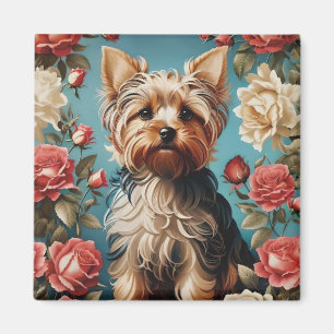 Aimant Elégant Yorkshire Terrier Portrait Rose Garden