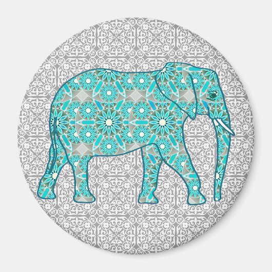 Aimant Eléphant fleur Mandala - turquoise, gris & blanc (Devant)