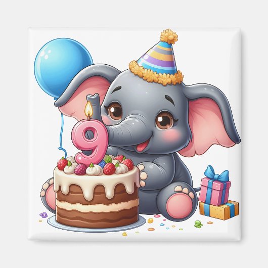 Aimant Éléphant Mignon 9ème Anniversaire (Devant)