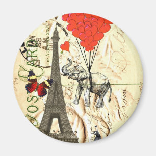 Aimant Éléphant vintage et ballons rouges de coeur
