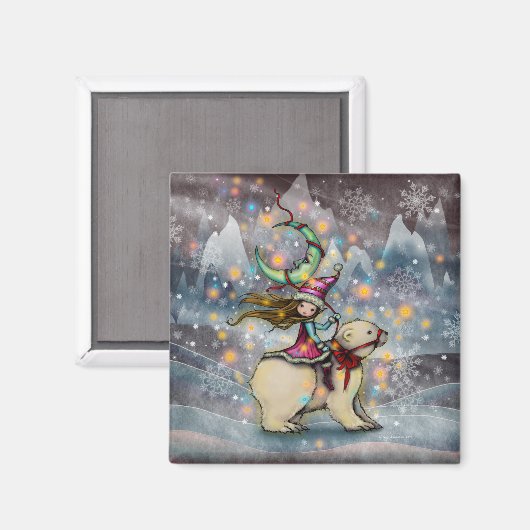 Aimant Elf Riding Polar Ours Noël Art (Recto/Verso)