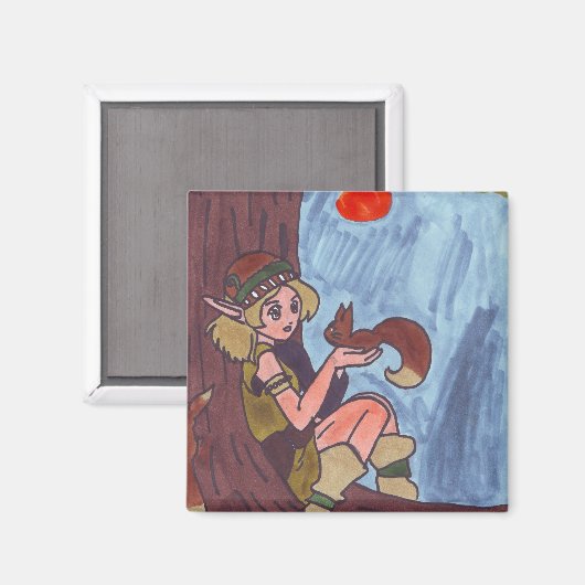 Aimant Elfe En Bois Avec Écureuil (Recto/Verso)