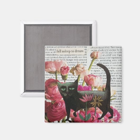 Aimant Endormez-vous pour rêver Chat noir Fleurs roses ch (Recto/Verso)