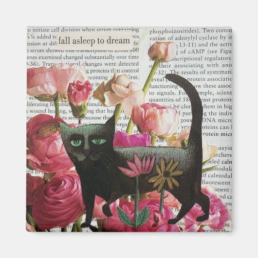 Aimant Endormez-vous pour rêver Chat noir Fleurs roses ch (Devant)