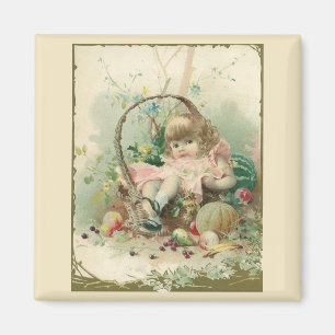 Aimant Enfant victorienne vintage, fille panier de fruits