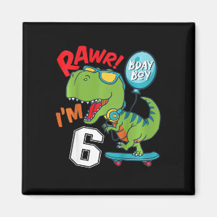 Aimant Enfants 6ème Anniversaire 6 Ans Garçon T-rex Skate