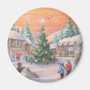 Aimant Enfants De Noël Vintage Dans La Neige