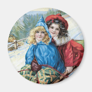 Aimant Enfants vintage faisant de la luge