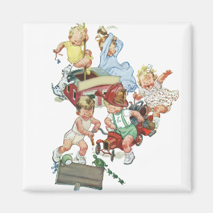 Aimant Enfants Vintage Tout-Petits Jouant avec des Camion