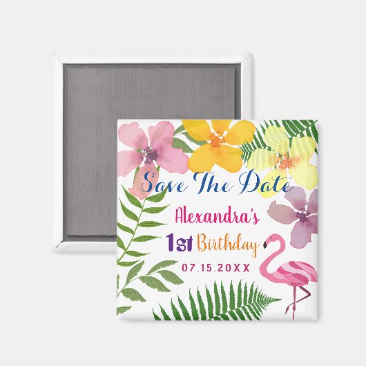 Aimant Enregistrer la date 1er anniversaire Luau Flamant  (Recto/Verso)