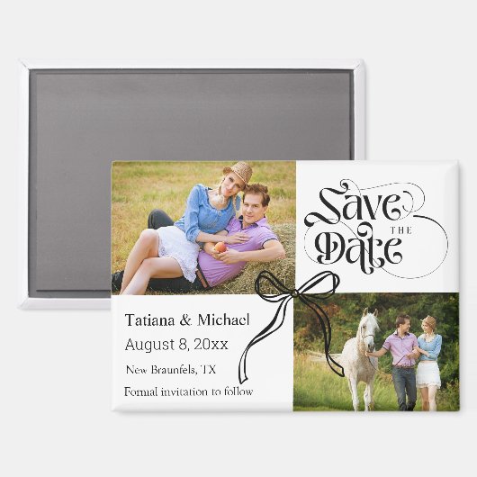 Aimant enregistrer la date 2 photos coquette arc ruban mo (Recto/Verso)