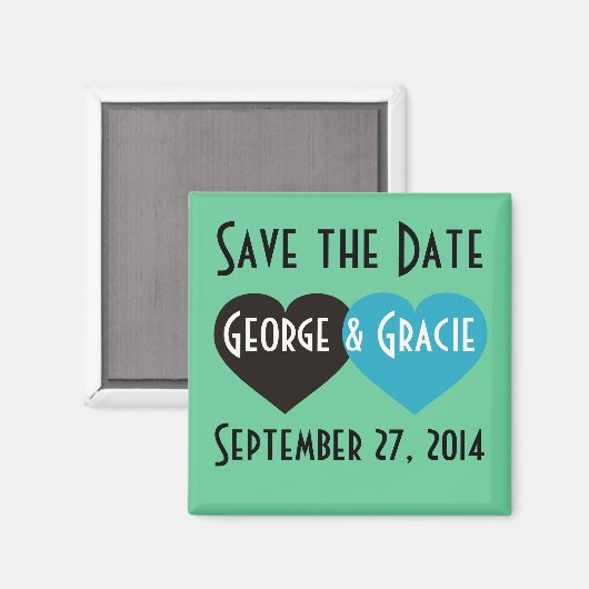 Aimant Enregistrer la date Coeurs noir et turquoise (Recto/Verso)