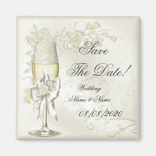 Aimant Enregistrer La Date Mariage Gold Cream Pearl Flora (Devant)