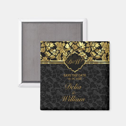 Aimant Enregistrer La Date - Noir Et Or Damask (Recto/Verso)