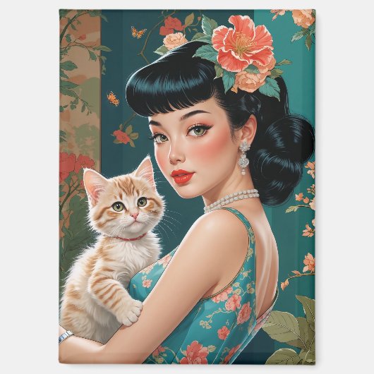 Aimant Épingle asiatique et chaton mignon (Recto)