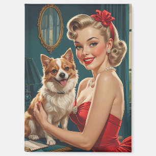 Aimant Épingle blonde souriante en robe rouge avec chien 