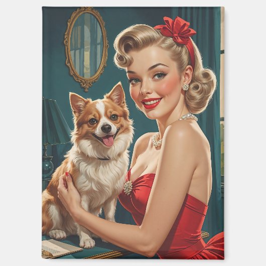 Aimant Épingle blonde souriante en robe rouge avec chien (Recto)