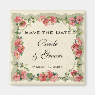 Aimant Épinglez la date de mariage vintage, fleurs roses