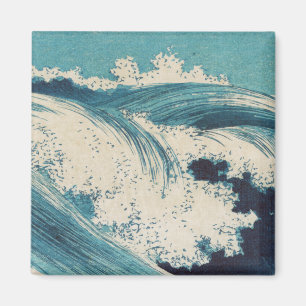 Aimant Estampe antique japonaise sur bois Vagues bleues d