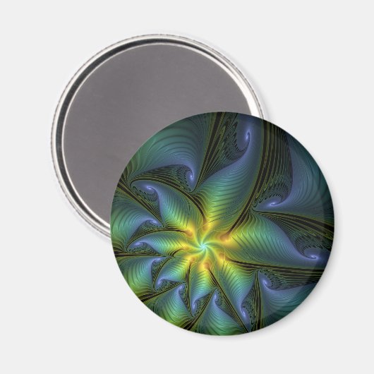 Aimant Etoile Abstraite, Bleu brillant Vert Or Fractal Ar (Recto/Verso)