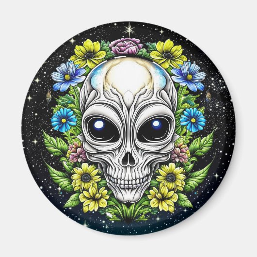 Aimant Extraterrestre Alien avec yeux et fleurs bleus (Devant)