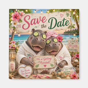 Aimant Faire-part de Couple d'Hippopotames Spa Tropical