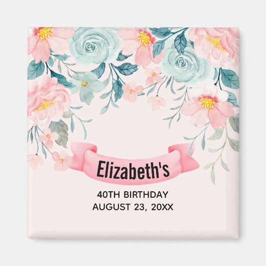Aimant Faire-part de date de naissance avec bordure flora (Devant)