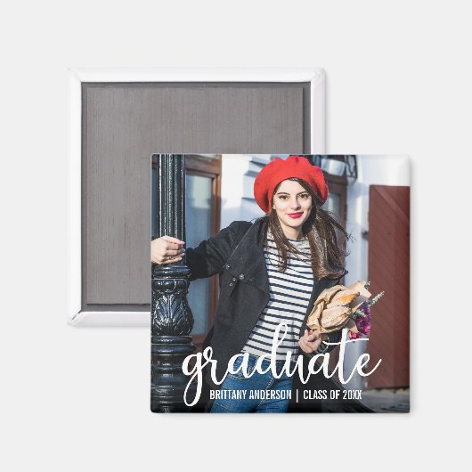 Aimant Faire-part de graduation de script moderne photo W (Recto/Verso)