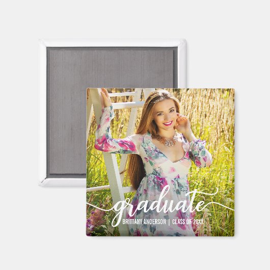 Aimant Faire-part de graduation de script moderne Photo W (Recto/Verso)