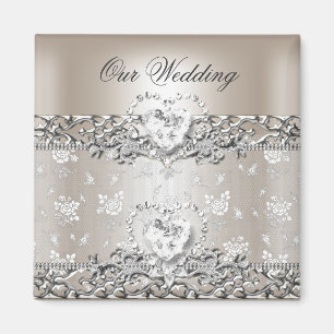 Aimant Faire-part de mariage élégant argent crème diamant