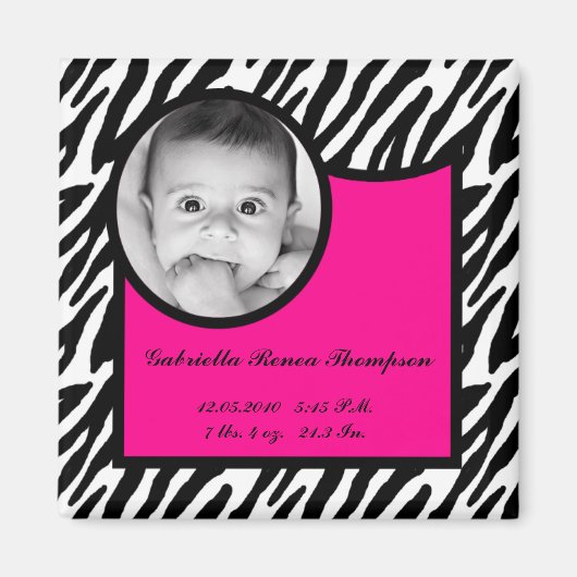 Aimant faire-part de naissance 2"x2" Hot rose Zebra (Devant)