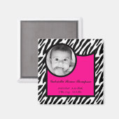 Aimant faire-part de naissance 2"x2" Hot rose Zebra (Recto/Verso)