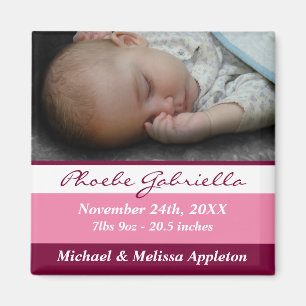 Aimant Faire-part de naissance photo en bandes roses