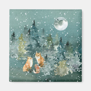 Aimant Famille de renards dans une forêt sous la neige au