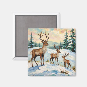 Aimant Famille de rennes vintage peinture de prairie hive
