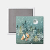 Aimant Famille Fox en forêt Pleine lune neige (Recto/Verso)