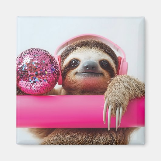 Aimant Fanky Sloth avec casque rose et boule disco (Devant)