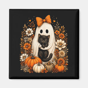 Aimant Fantôme d'Halloween tenant un chat noir Citrouille