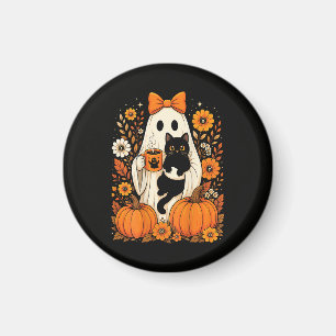 Aimant Fantôme groovy d'Halloween tenant un chat noir flo