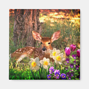 Aimant Faon de cerf avec fleurs printanières jonquilles /