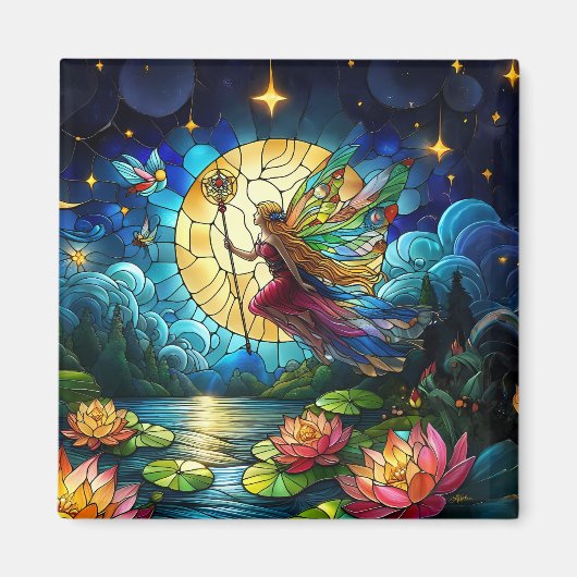 Aimant Fée de vol au clair de lune en vitrail (Devant)