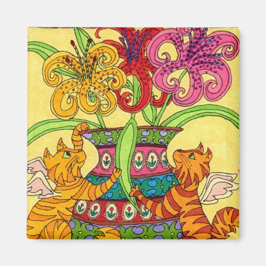 Aimant Fées de chats avec Vase ornée de lys (Devant)